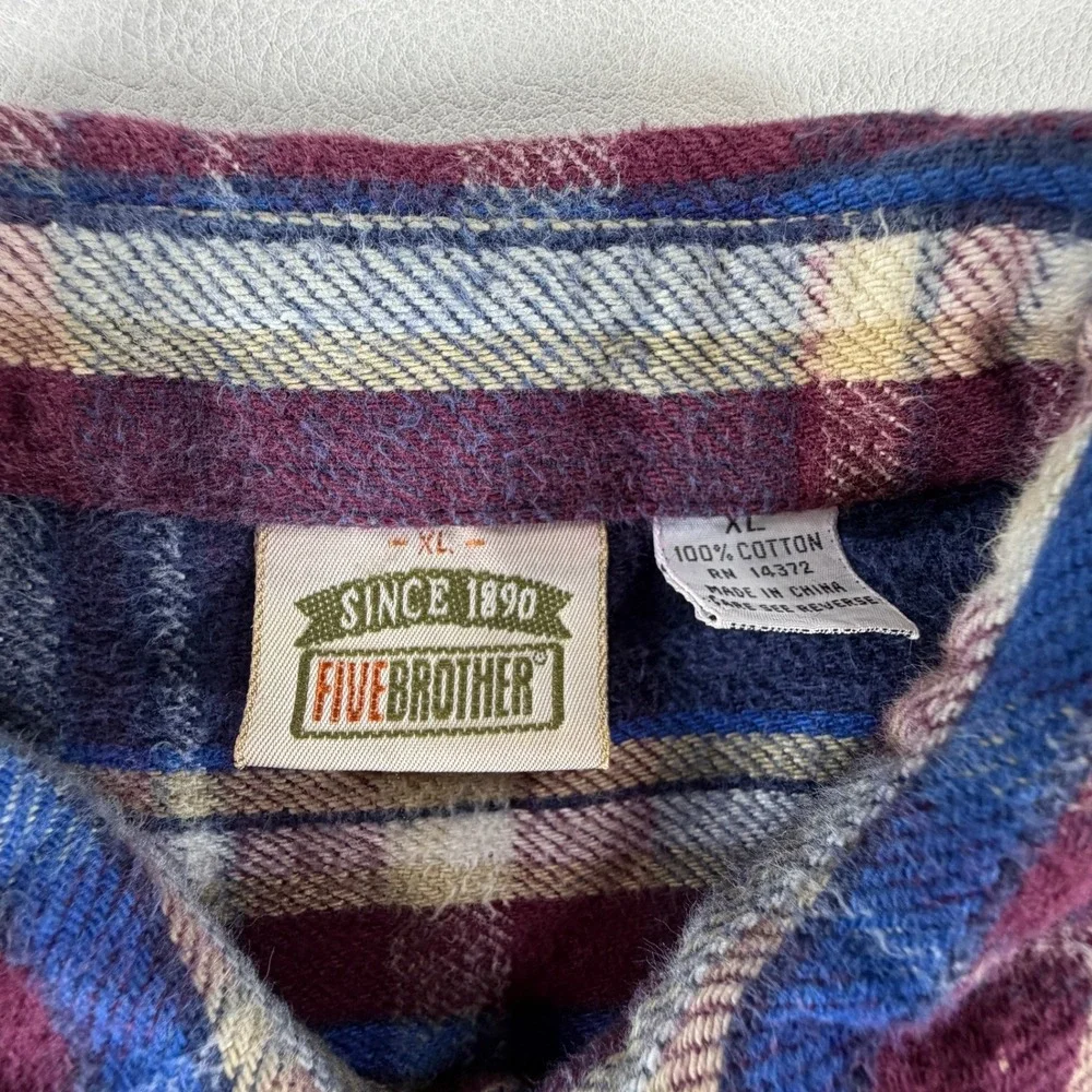 Vintage Five Brothers Heavy Flannel Shirt Long Sleeve Mens XL Blue Red Plaid